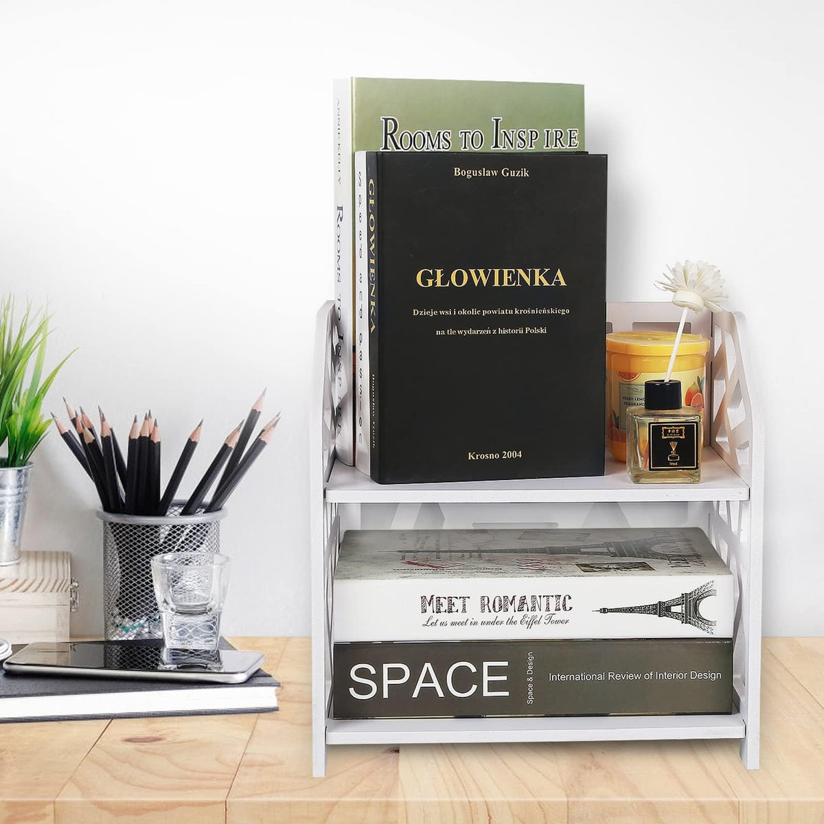DoToGo Desk Shelf Organizer, Deskop Bookshelf for Small Space Adjustable Expendable for Office, Home, Kitchen (white-small square)