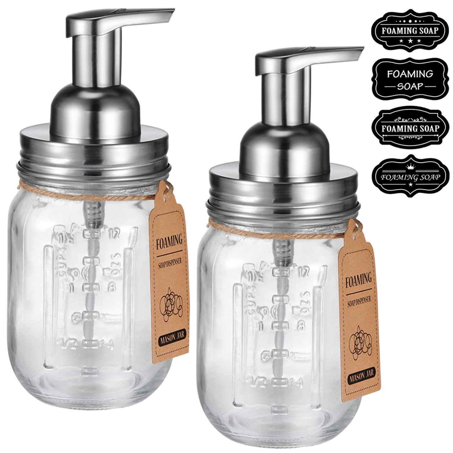 Mason Jar Foaming Soap Dispenser -Rustproof Stainless Steel Lid/BPA Free Foam Pump-Waterproof Chalkboard Labels-Farmhouse Decor Bathroom