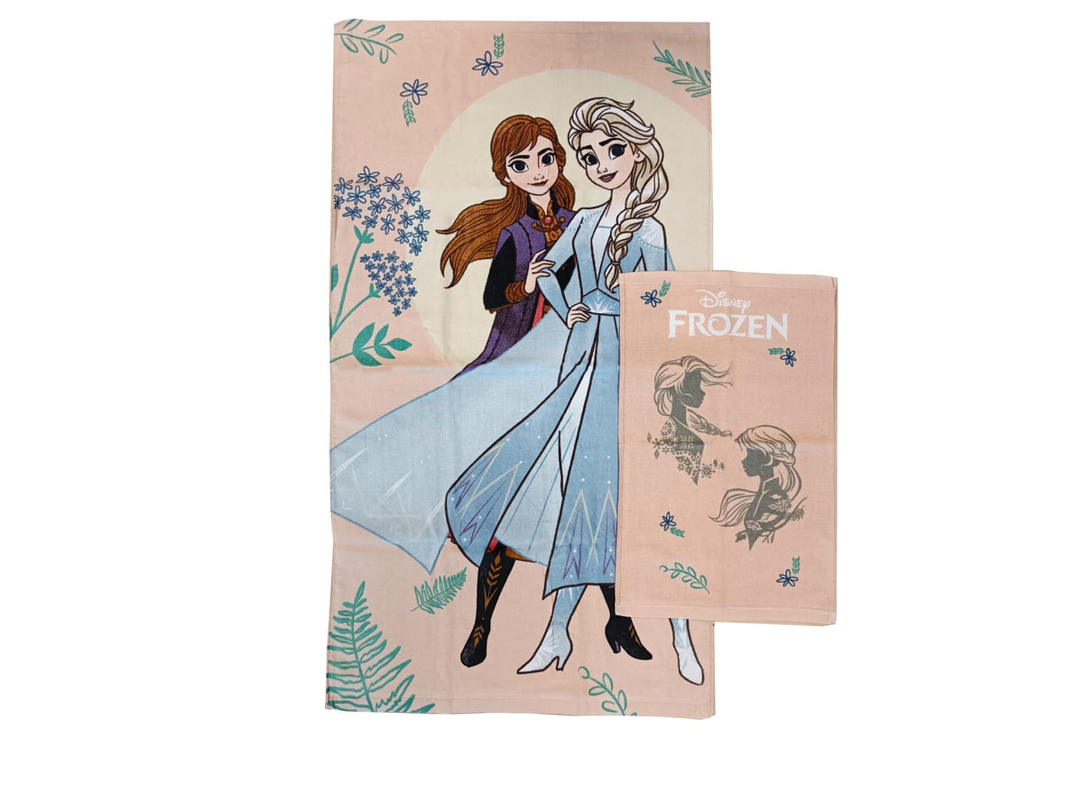 Frozen Disney Terry Bath Towels, Set of 2 Bath Towels, Face Towel, Bidet Towel, Pink, Cotton, 100 Percent, Set of 2, Official Product