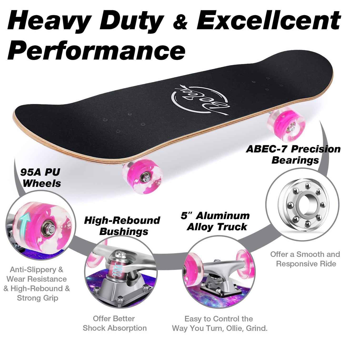 BELEEV Skateboards, 31 x 8 inch Complete Skateboard for Beginners, 7 Layer Canadian Maple Double Kick Deck Concave Cruiser Trick Skateboard for Kids