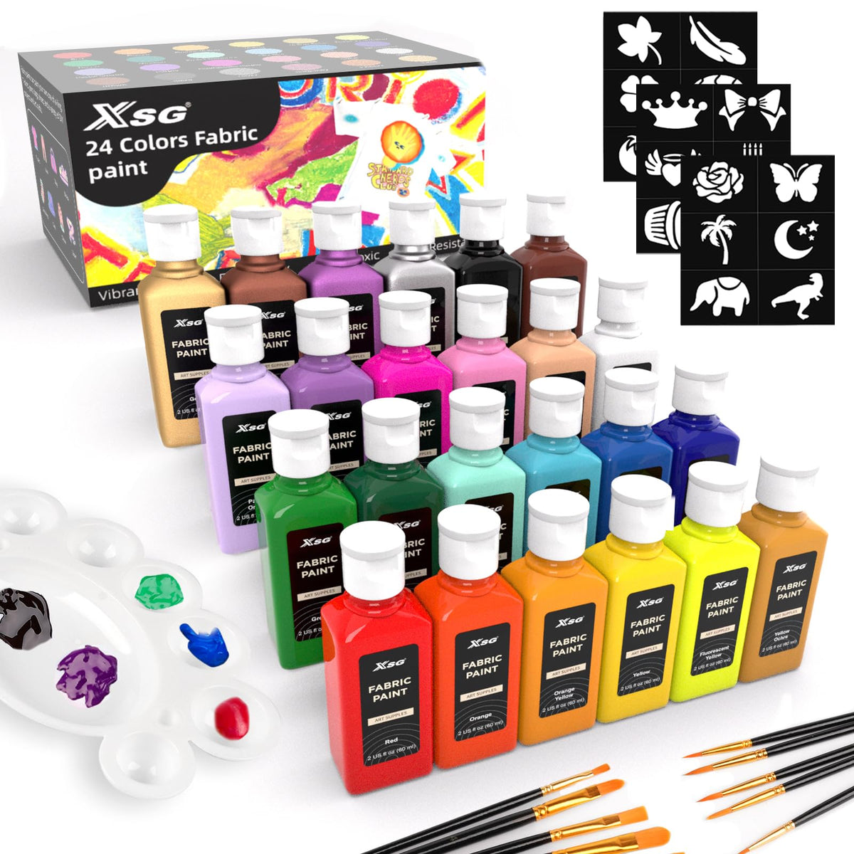 XSG Fabric Paint,24 Colours Permanent Textile Acrylic Paint for Clothes in Bottles with Brushes, Palette, Stencils, Non-Toxic Textile Paints for