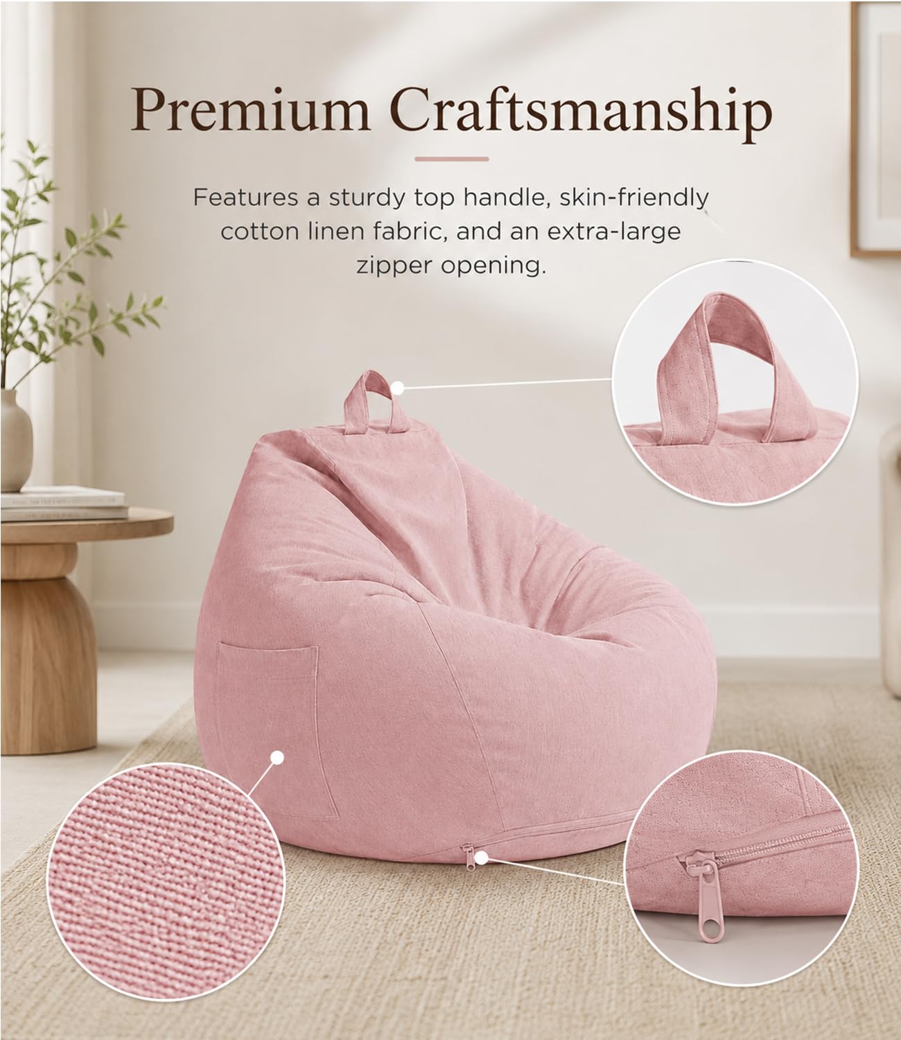 Highdi Bean Bag Without Fillings - Cotton Linen Durable & Comfortable, Pink Storage Bean Bag Chair for Living Room/Gaming Room