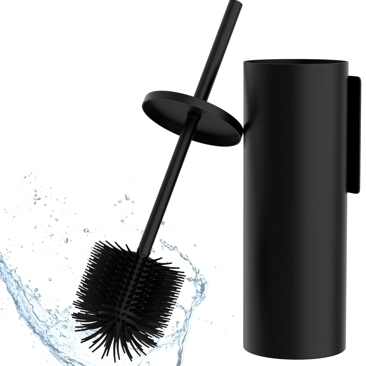 Hovea - 2 Pack Wall Mounted Toilet Brush Set - Silicone Brush & Metal Holder - Matte Black - No Drill - Wall Fixing with Sticker or Screws - Rubber