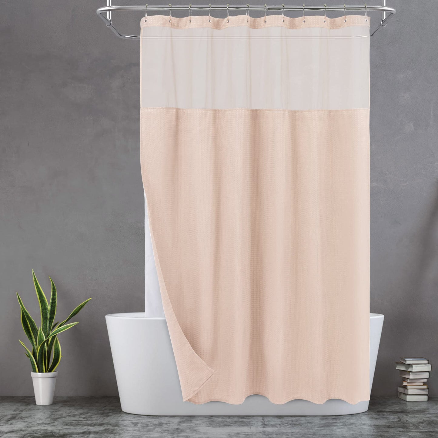 N&Y HOME Waffle Weave Pink Shower Curtain with Snap-in Fabric Liner & 12 Metal Hooks Set - Hotel Style, Waterproof & Washable, Heavyweight Fabric &