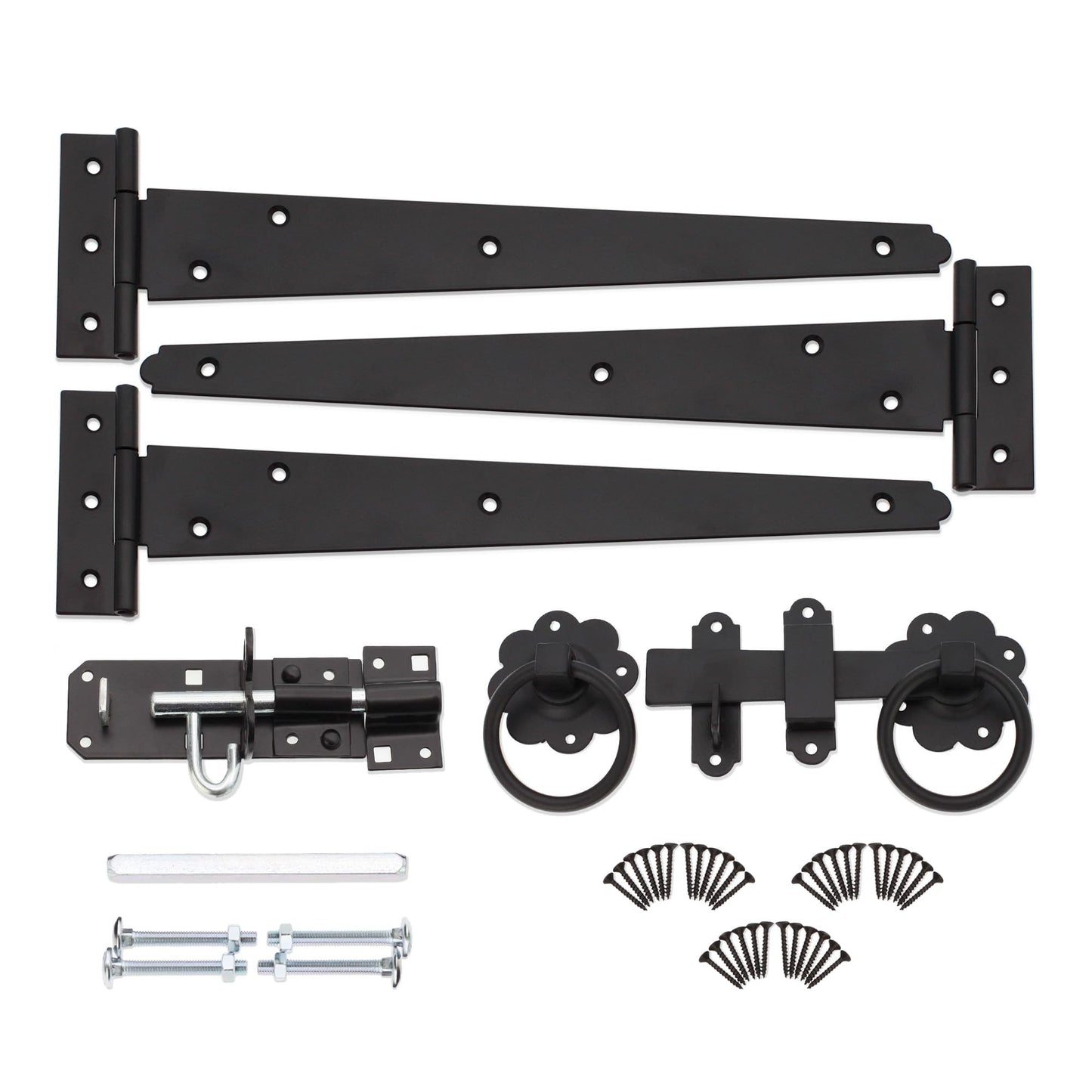 Infinity Decor 12? Tee Hinges (3) Garden Gate kit Plain Ring Latch and Brenton Bolt Wooden Gate Fittings Kit Epoxy Black Finish for Outdoors Doors
