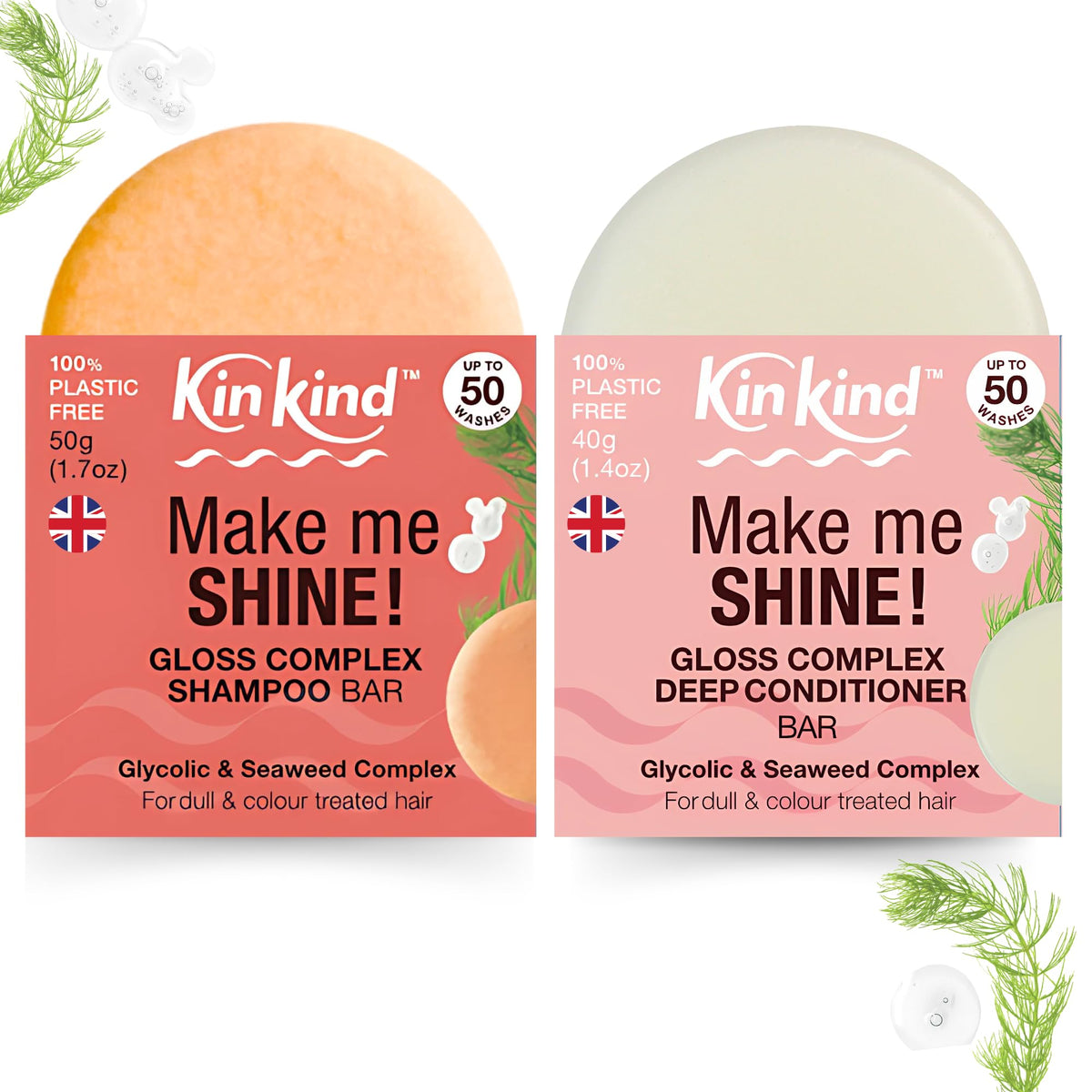 KinKind Glycolic Gloss Shampoo and Conditioner Bar Set. Make me SHINE! Glycolic Acid & Seaweed Shampoo Bar and Conditioner for Scalp Health & Restore
