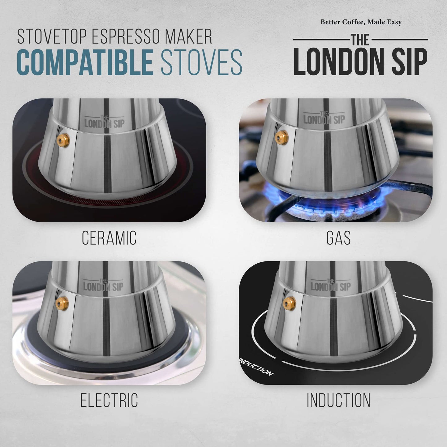 The London Sip Stainless Steel Induction Stovetop Espresso Maker - Make Cafe Quality Italian Style Coffee at Home with This Premium Moka Pot in Modern