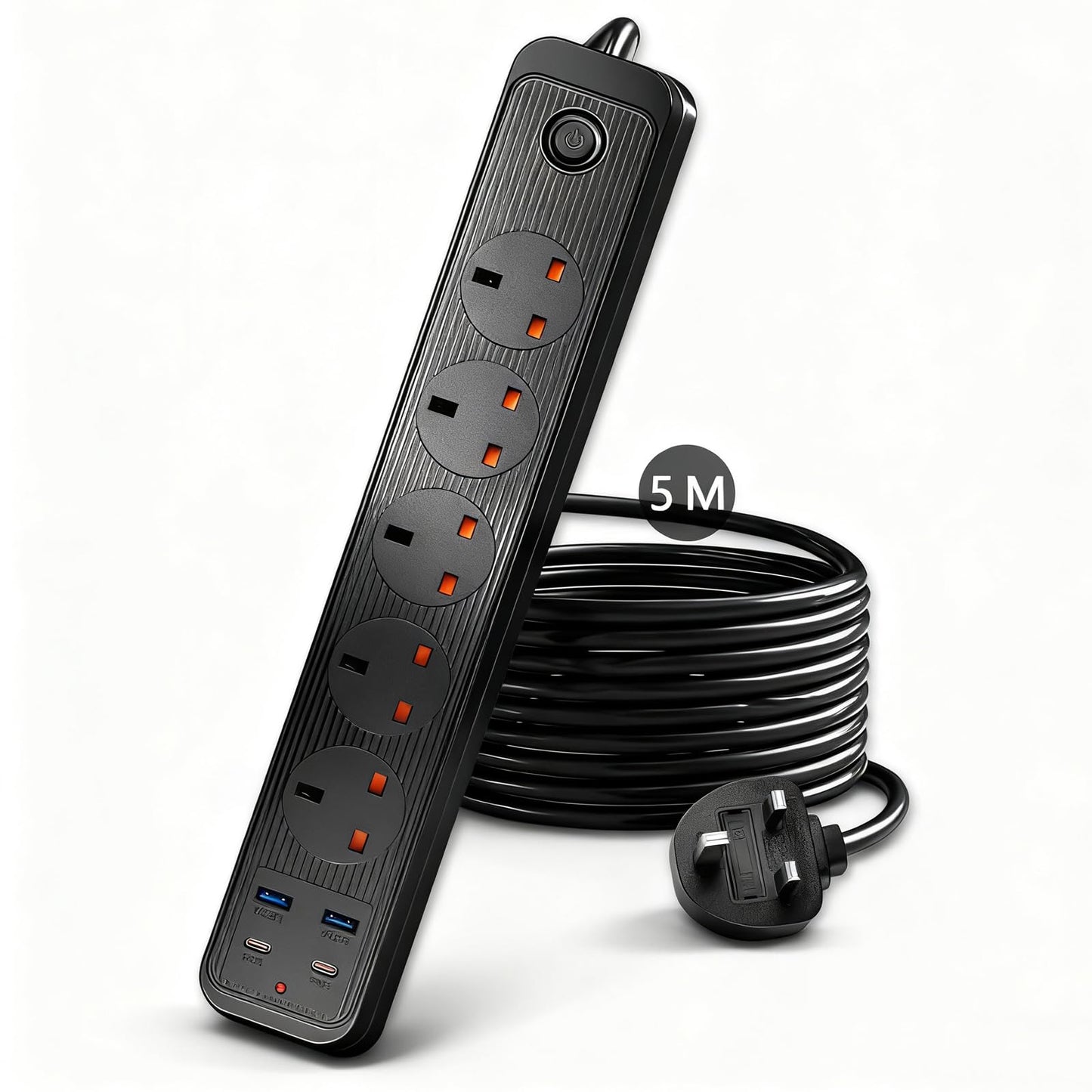 5M Extension Lead with USB Slots(2 Type C and 2 USB), Extra long extension lead 5m, Extension cable,Black extension lead 5m For Home Dorm Office