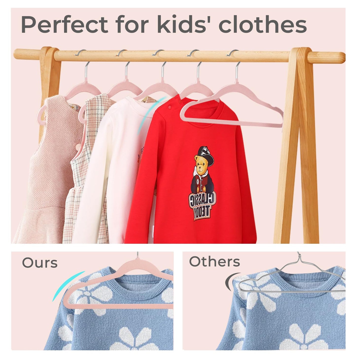 ManGotree 14 Inch Kids Velvet Hangers Felt Children's Hangers 66 Pack Pink