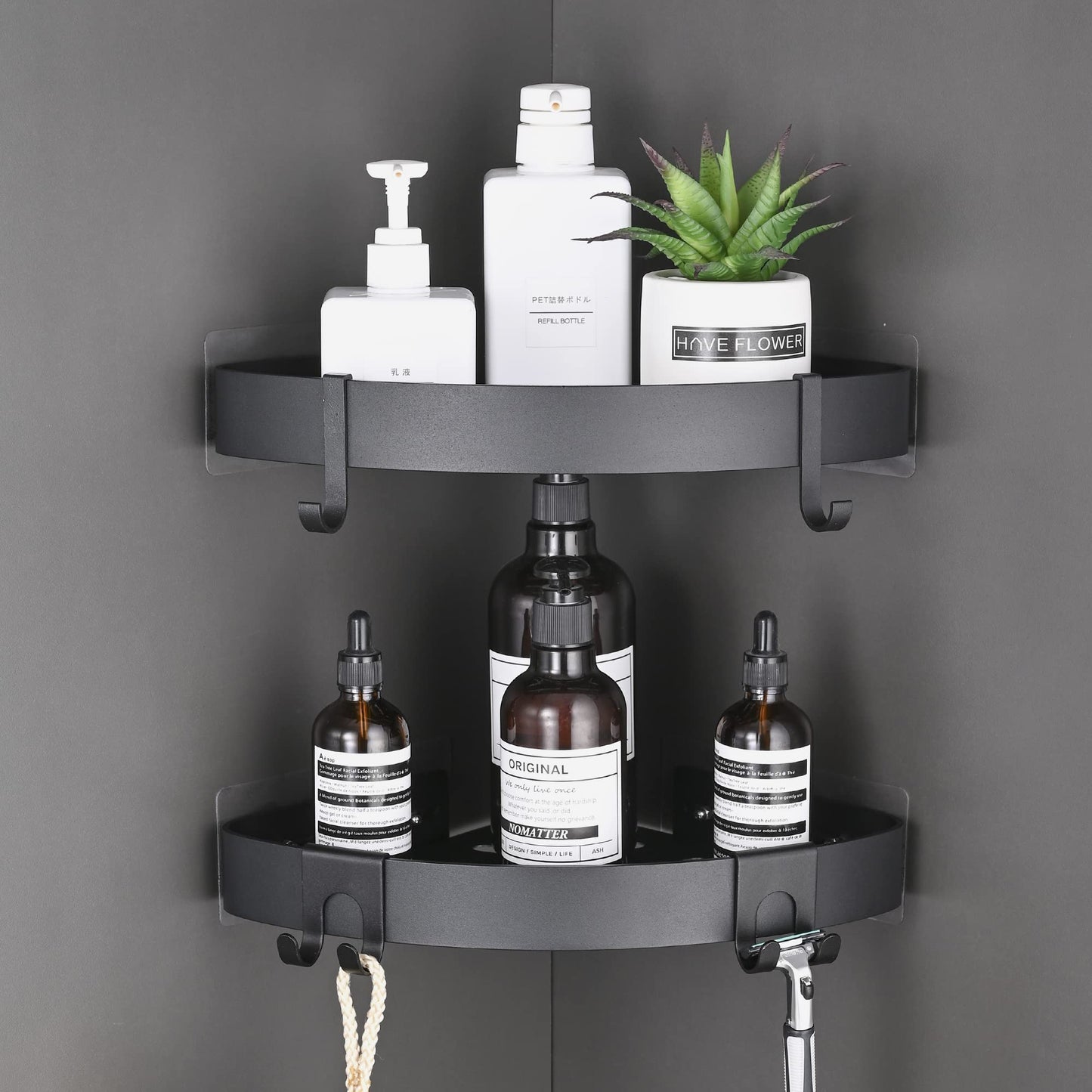 TRUSTLIFE Bathroom Corner Shelf Black Adhesive Shower Caddy Organiser Space Aluminum Wall Mounted Bath Shelves No Drilling with Hooks for Wetroom - 2