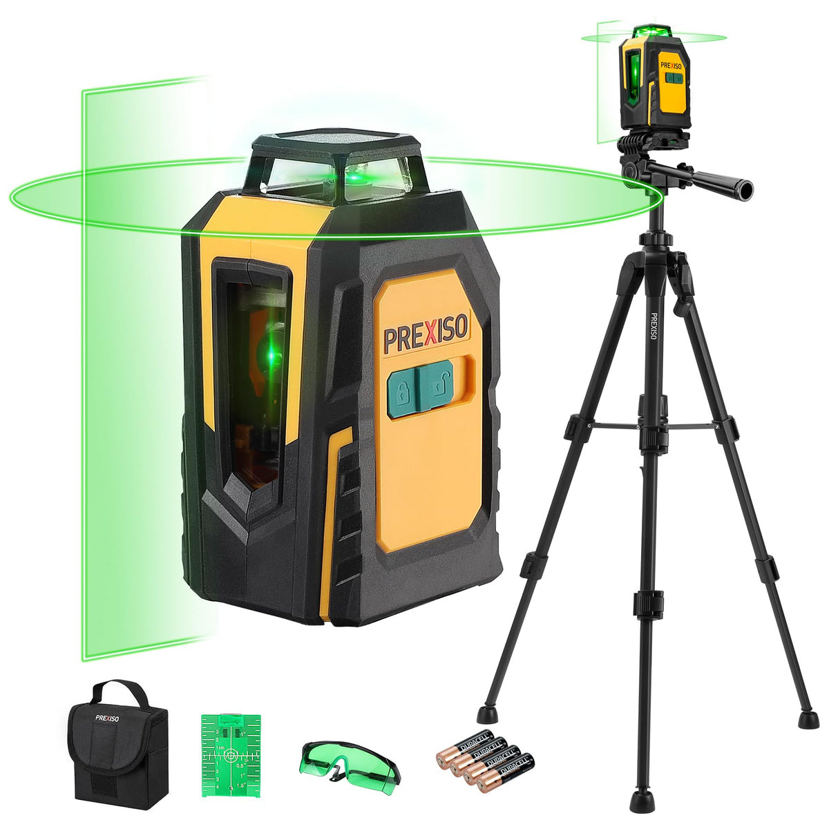 PREXISO Laser Level with Tripod, 30M Self Leveling Line Laser with Horizontal & Vertical Green Lines, Target Plate, Green Glasses, 360? Green Cross