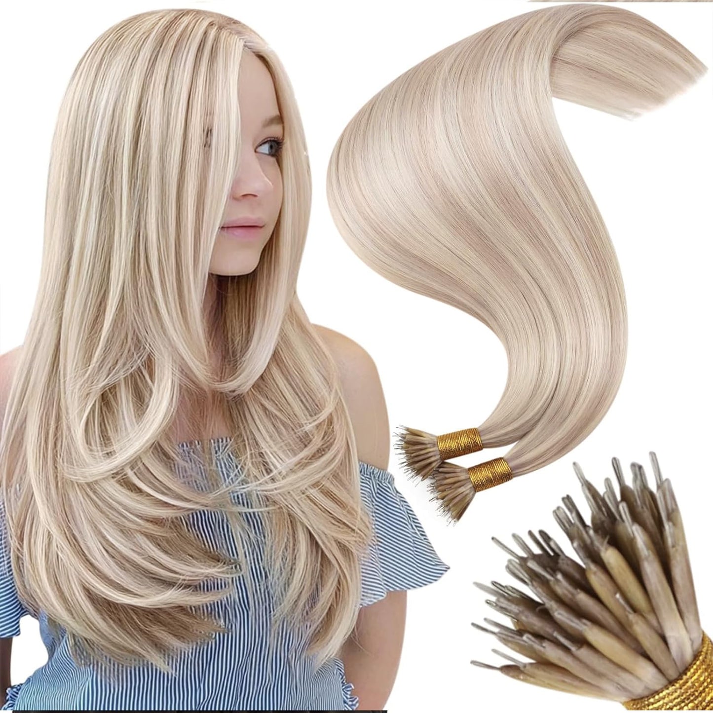 Moresoo Nano Human Hair Extensions Ash Blonde with Bleached Blonde Nano Beads Hair Extensions Real Hair 16 Inch Remy Human Straight Hair 1g/s 50g/Pack