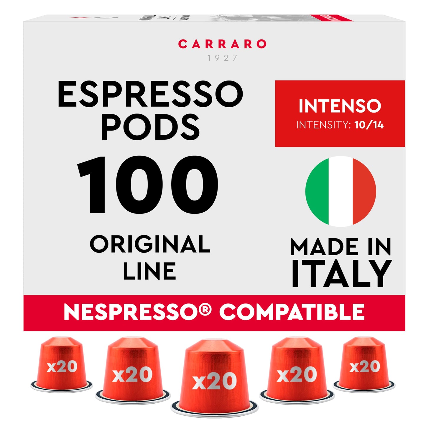 Carraro Intenso - 100 Aluminium Coffee Pods Compatible with Nespresso Original line - Intensity 10/14, Dark Roast Coffee Capsules Made in Italy