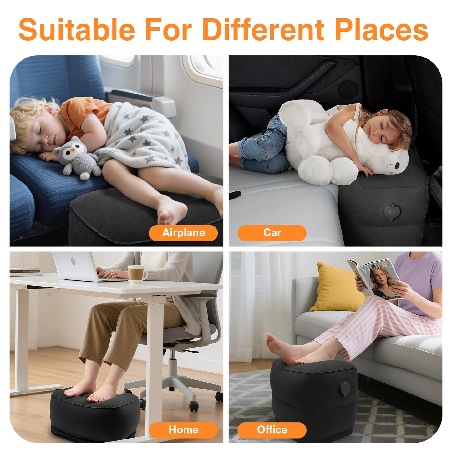 Maliton Inflatable Airplane Foot Rest with Pump Bag (Black, 2Pcs)