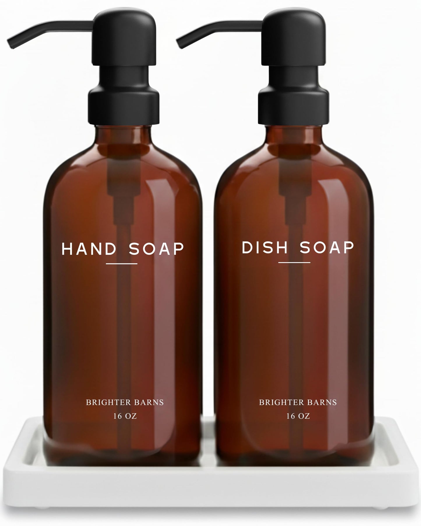 Amber Glass Hand and Dish Soap Dispenser Set by Brighter Barns - Kitchen Soap Dispenser Set with Tray - Farmhouse Soap Dispenser for Kitchen Sink -