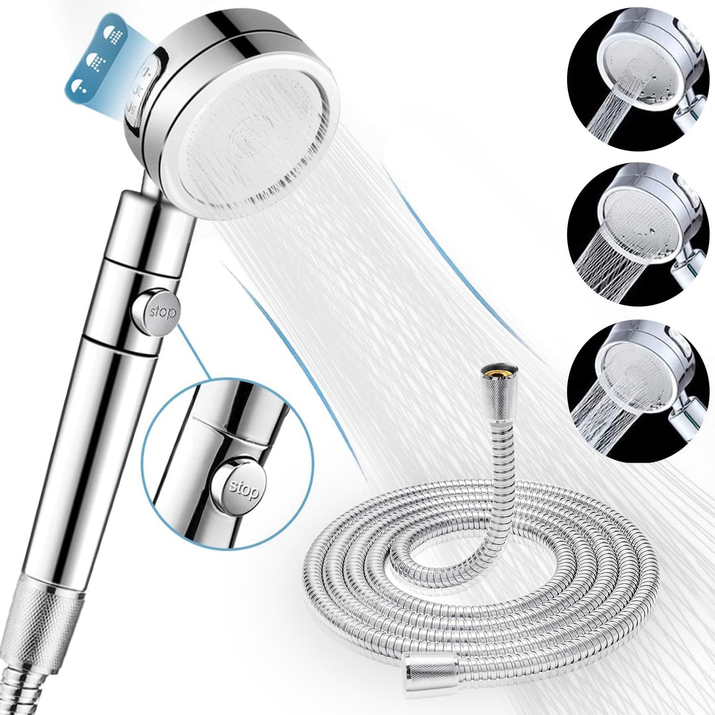 Handheld Shower Head, 3 Spray Modes High Pressure Shower Head and 2m Hose Set, Powerful Shower Heads to Increase Pressure, Water Saving Showerhead