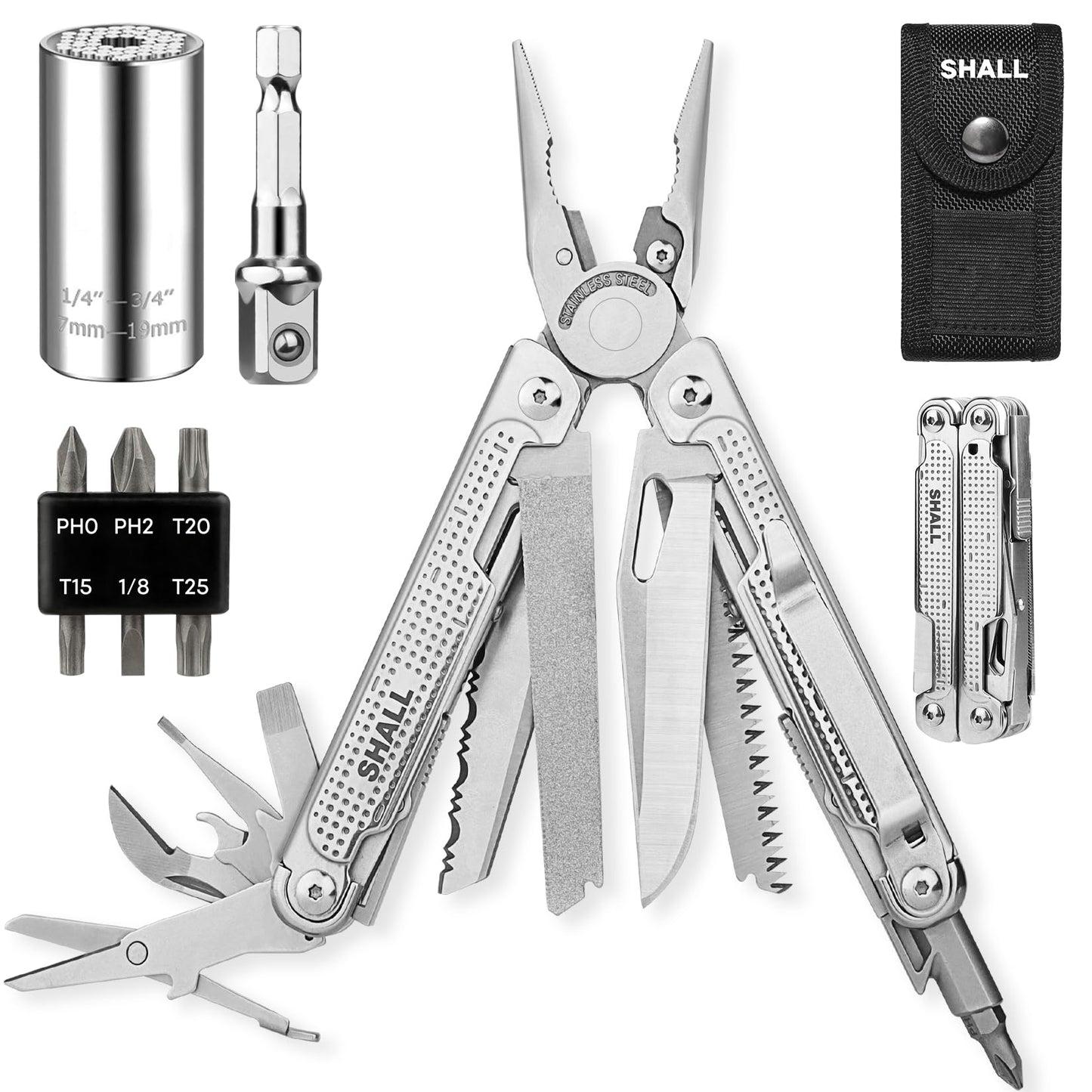 SHALL Multi Tool, 18-in-1 Multitool Pliers, Screwdriver Bit & Universal Socket, Self-Locking Multipurpose Tool w/Sheath for Camping Fishing Survival