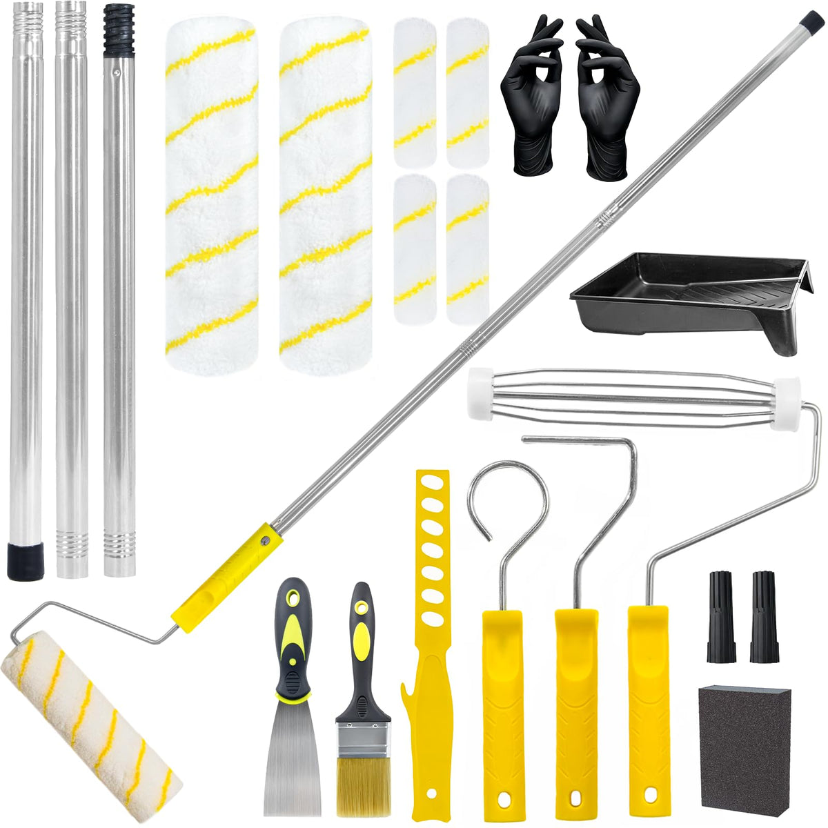 18PCS Paint Roller Set with Extension Pole, Home Decorating Kit, Paint Tray Set, Paint Rollers Kit with Paint Brushes, Paint Roller 9 Inch Sets for