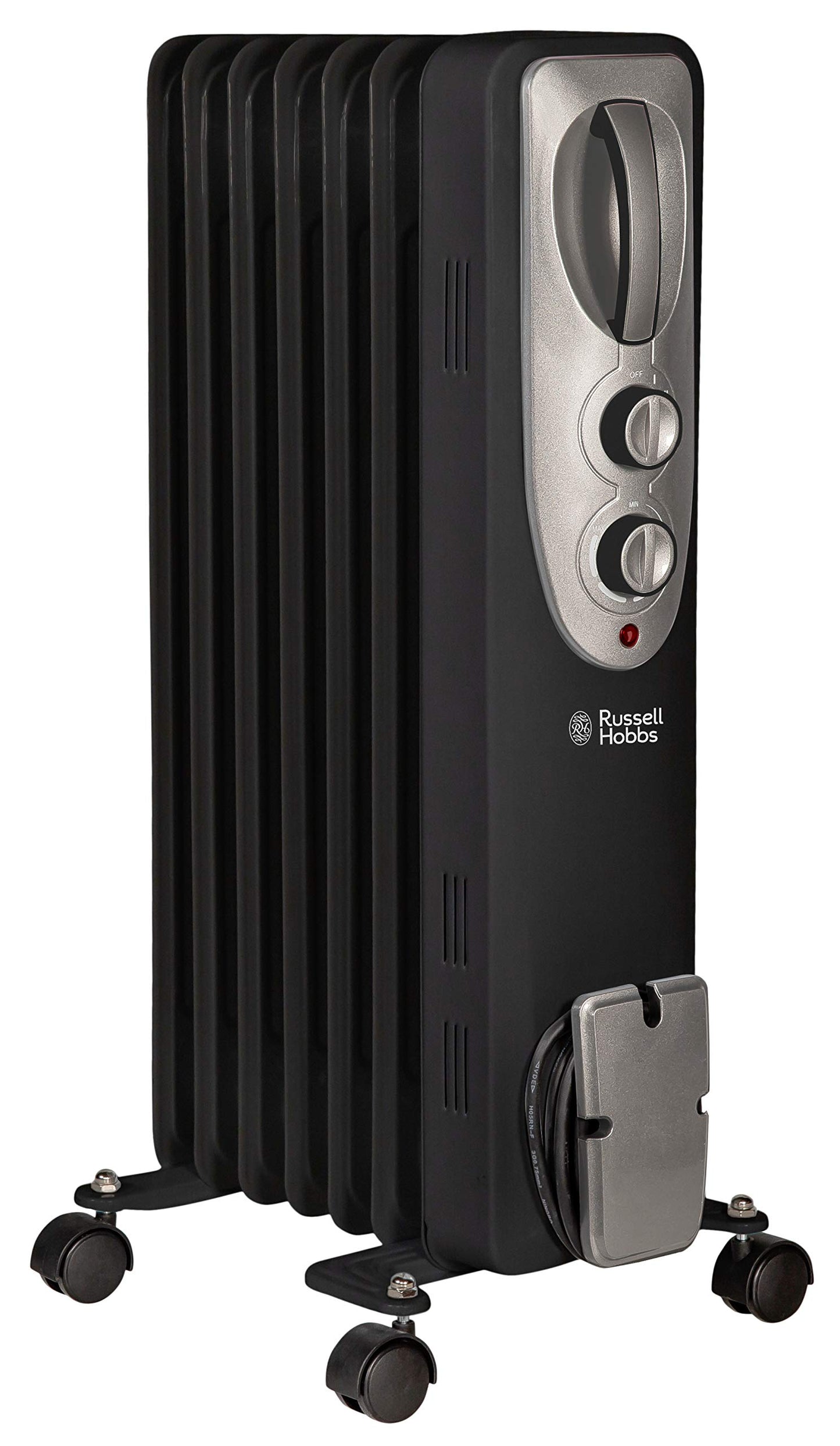Russell Hobbs 1500W/1.5KW Oil Filled Radiator, 7 Fin Portable Electric Heater - Black, Adjustable Thermostat with 3 Heat Settings, Safety Cut-off, 15