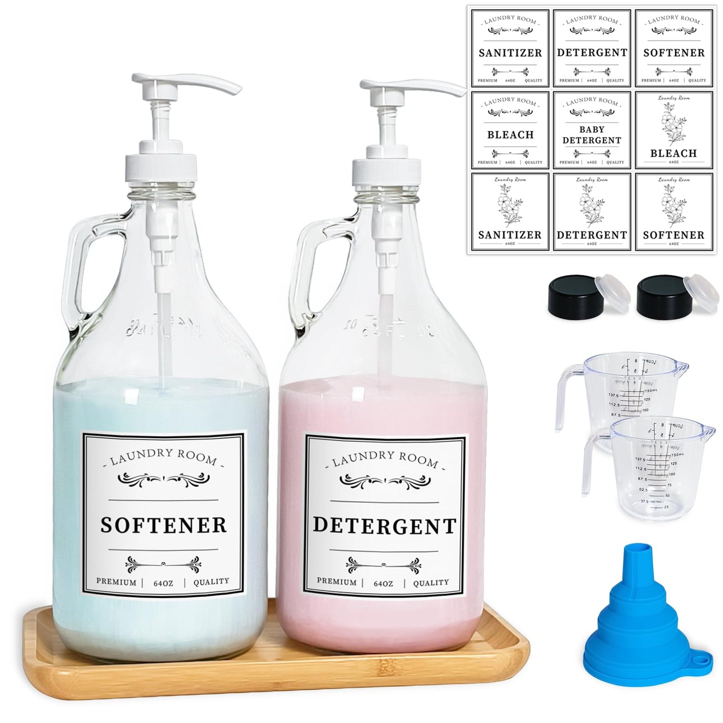 LIKAJON Glass Laundry Detergent Dispenser, Liquid Laundry Soap Dispenser for Laundry Room, 64oz Detergent Bleach Softener Dispenser for Farmhouse