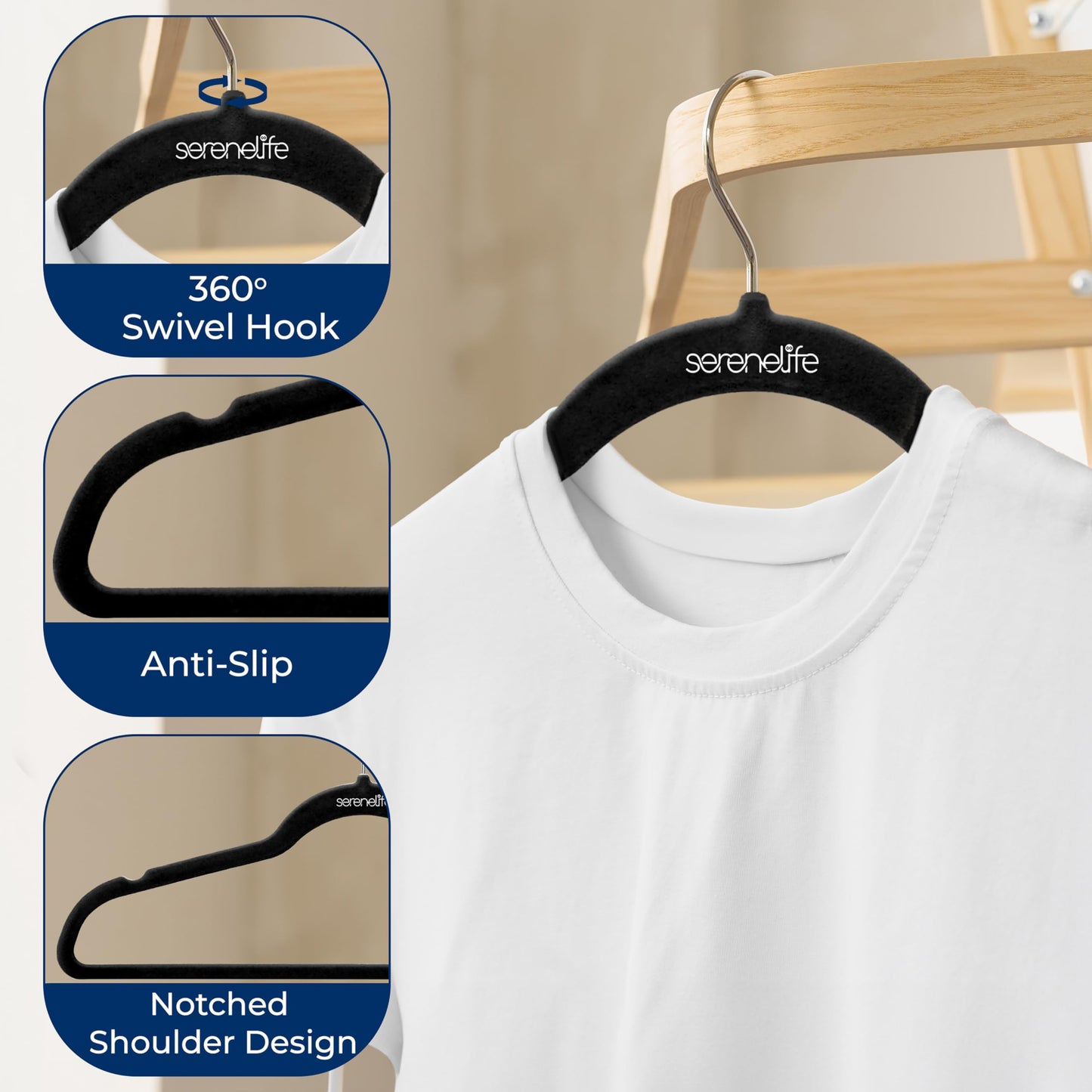SereneLife Velvet Hangers 200 Pack - Non-Slip Felt Hangers with 360° Swivel Hook - Ultra-Thin, Lightweight Velvet Hangers for Shirts, Sweaters