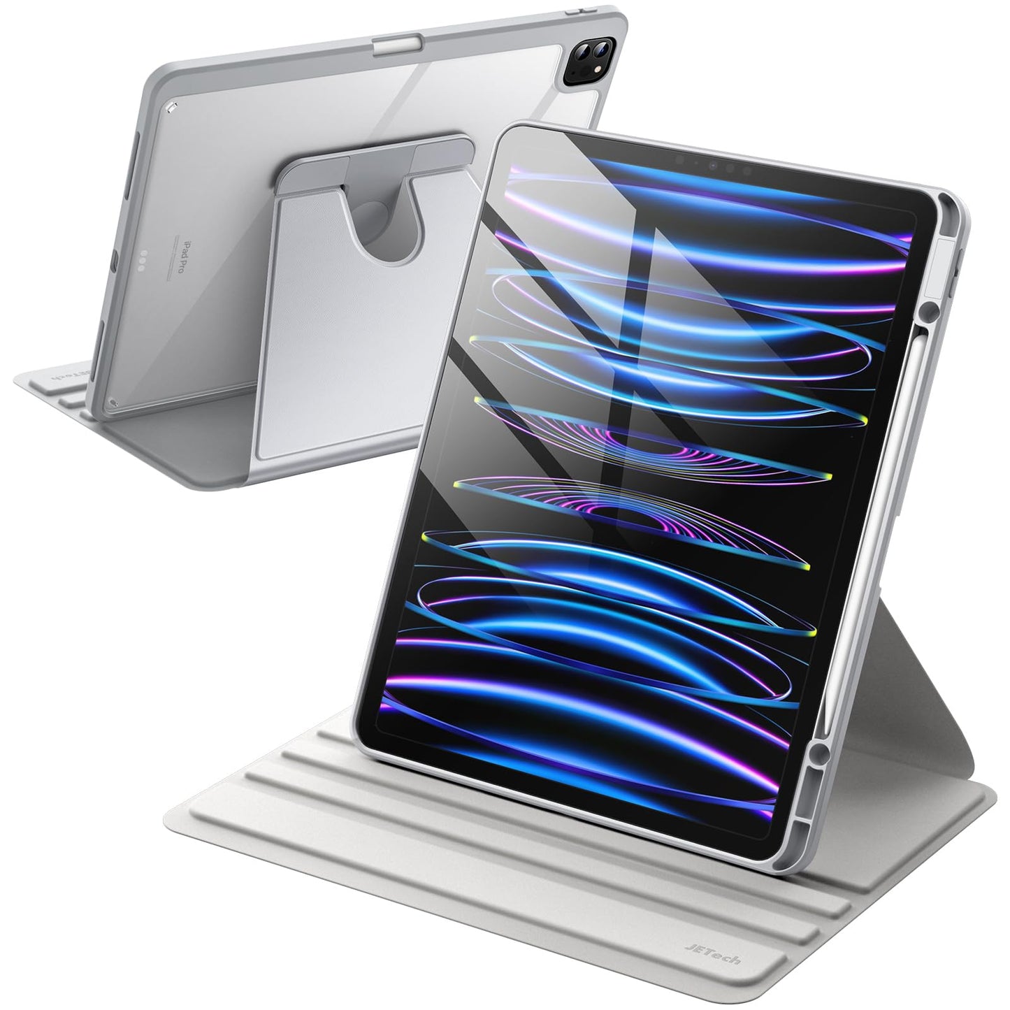JETech Rotating Case for iPad Pro 12.9-Inch (2022/2021/2020/2018) with Pencil Holder, 360 Degree Rotation Protective Stand Cover Clear Back, Auto