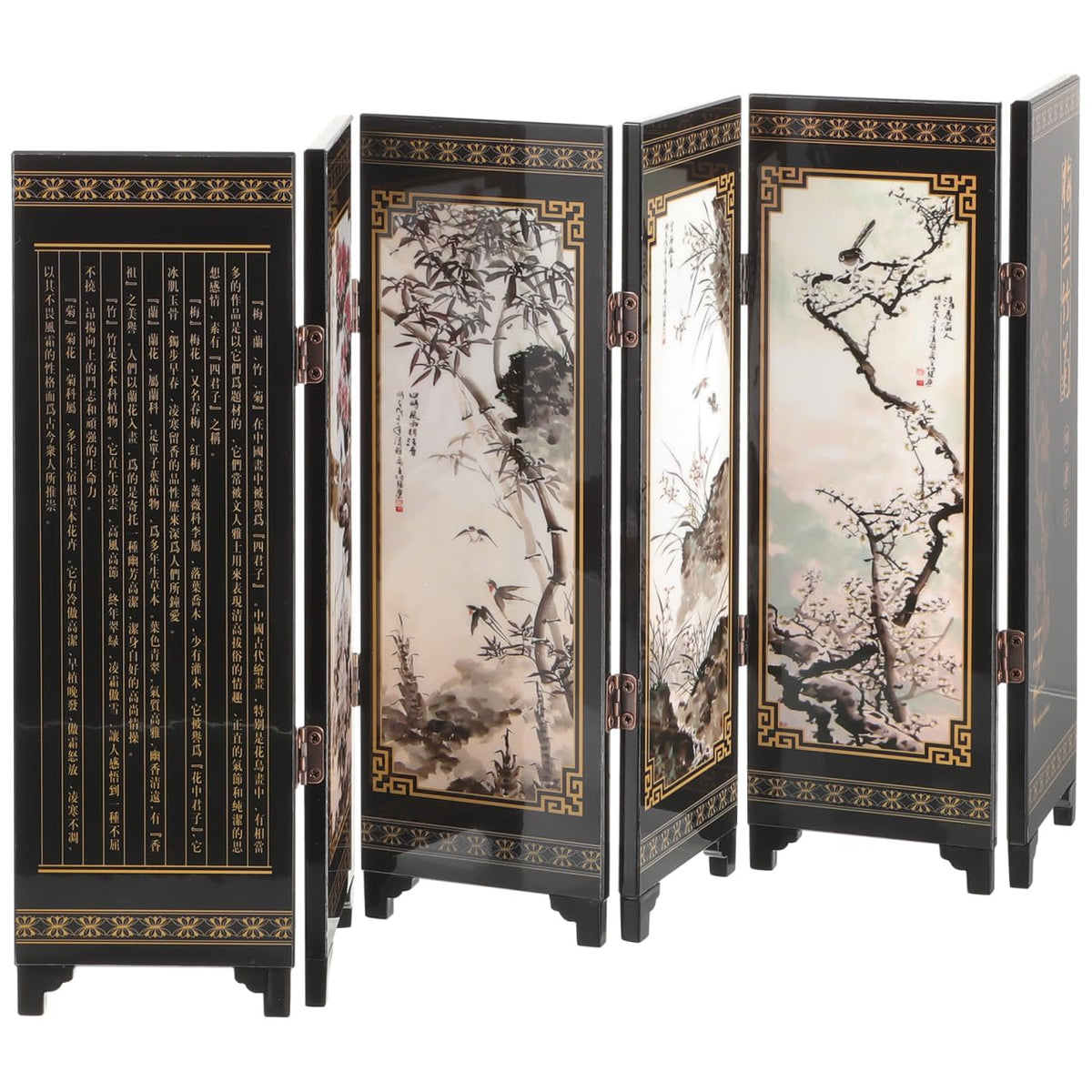 Cabilock Lacquer Folding Screen Ornament Small Decorative Room Divider with Chinese Style Painting of Plum Orchid Bamboo Chrysanthemum Elegant Mini