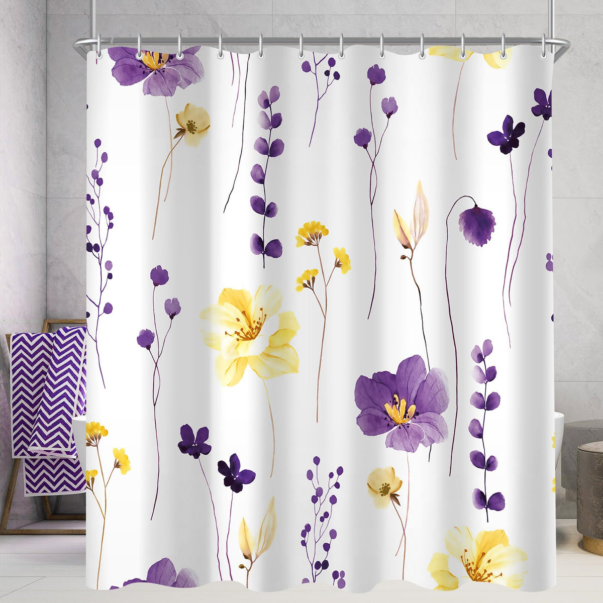 Lerores Shower Curtain, 180 x 200 cm, Purple and Yellow Motif, Weighted Hem, Anti-Mould, Water-Repellent, Washable Polyester Bath Curtains with 12