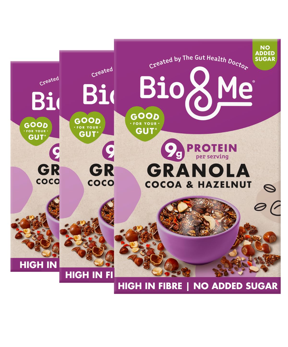 Bio&Me Cocoa Hazelnut Granola 3-Pack (3 x 360g) ? Vegan, High Fibre, No Added Sugar, Gut-Loving Breakfast Cereal, High Protein Cereal