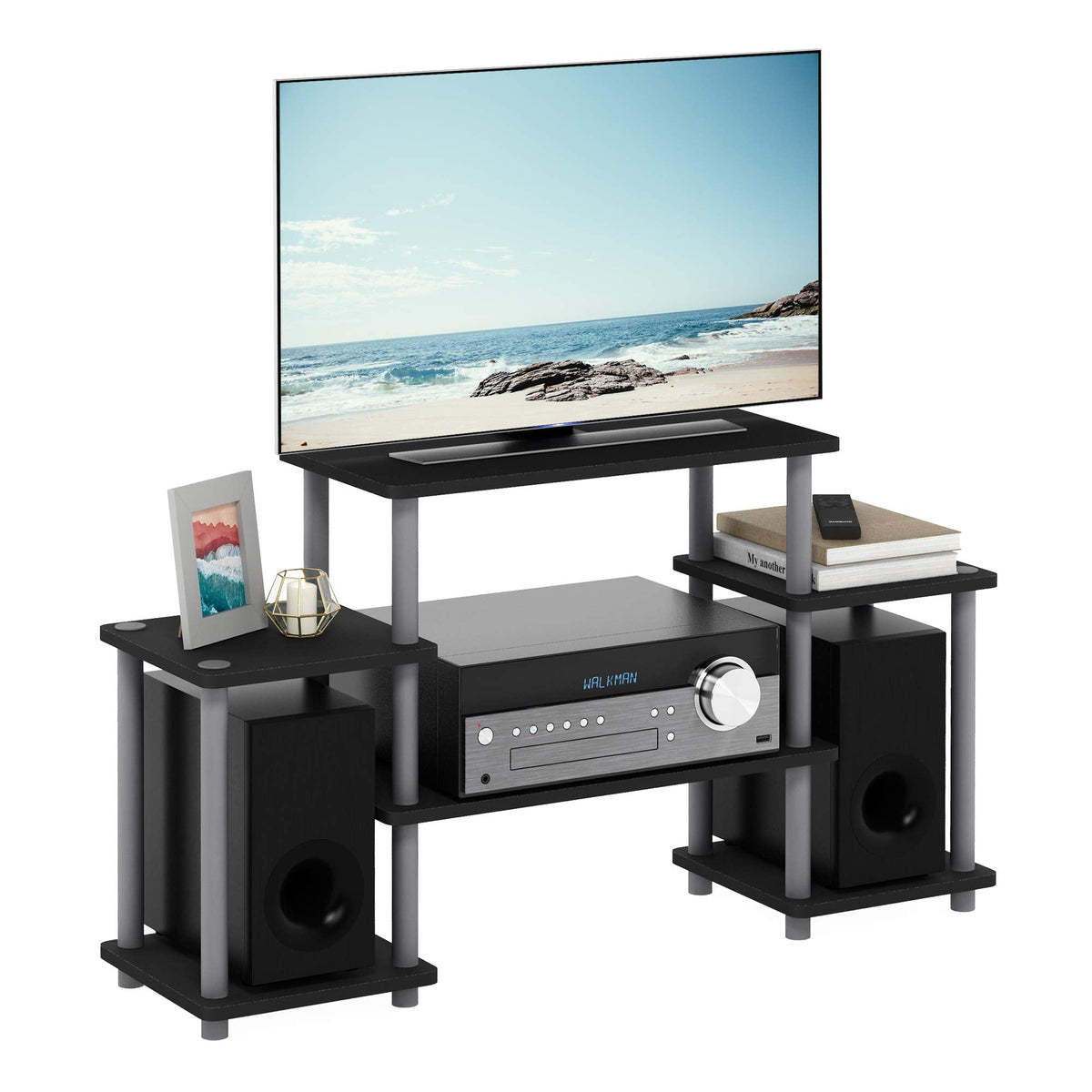 Furinno TURN-N-TUBE TV Stand, Entertainment Center with Open Shelves, TV Console with Raised Top for TV up to 32 Inch, for Living Room, Bedroom, Black