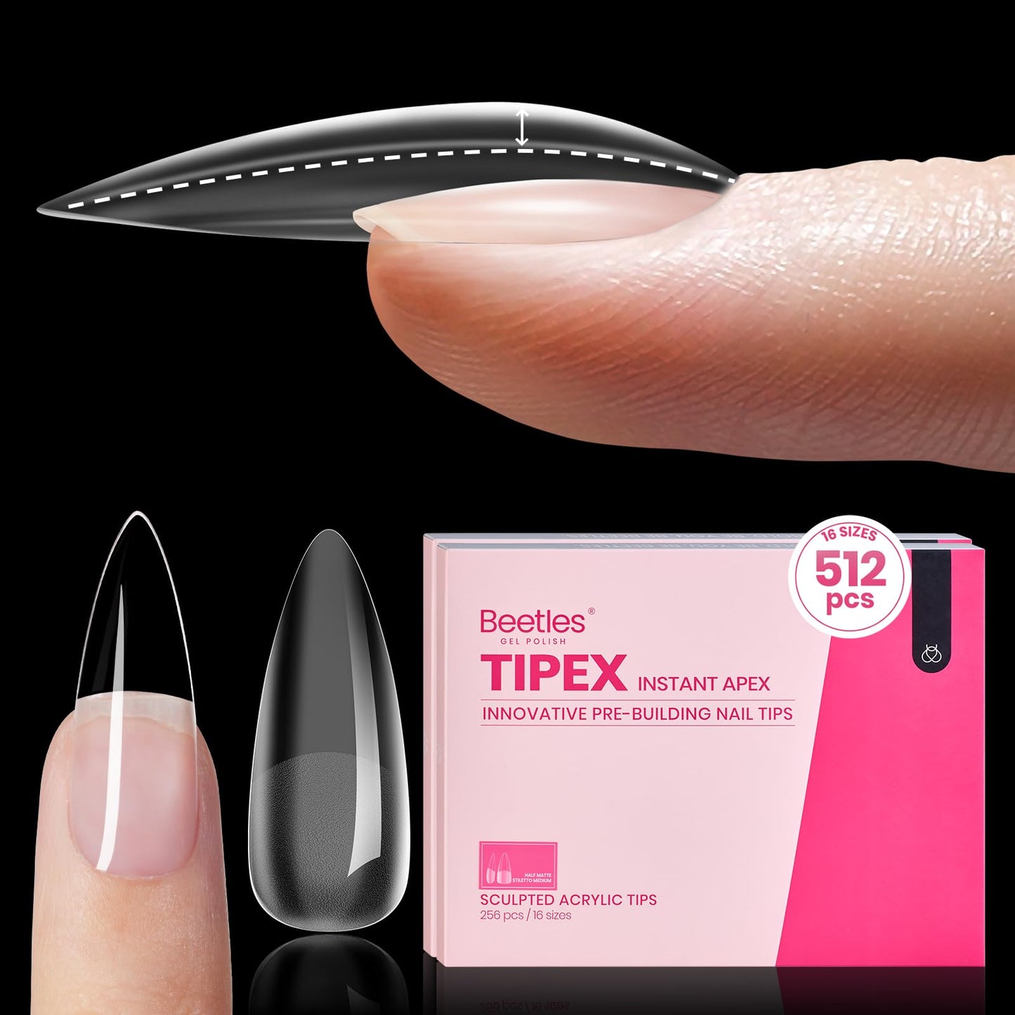 Beetles Tipex Instant Apex Nail Tips 512 Pieces Medium Stiletto Pre-Building and Pre-Etched Strong Thick Acrylic Fake Nails 16 Sizes Press on Nails