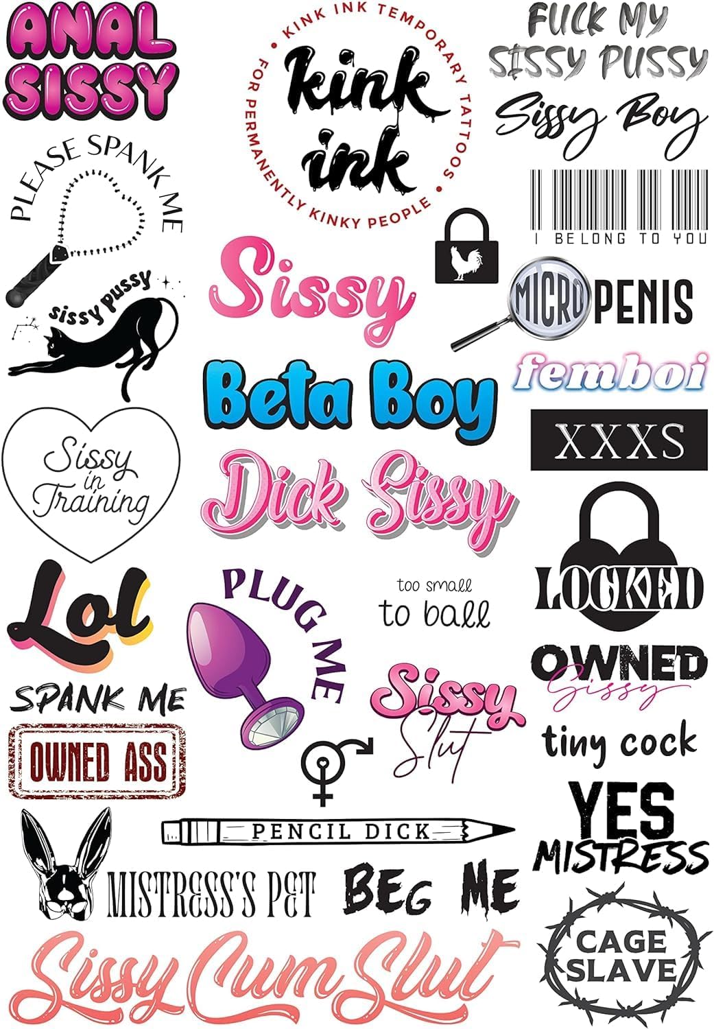 Kink Ink - 29 "Sissy" Temporary Tattoos Adult Sexy Naughty, Long Lasting Semi Permanent Tattoo Small to Medium Sized Fake Tattoos for Men on A4 Sheet