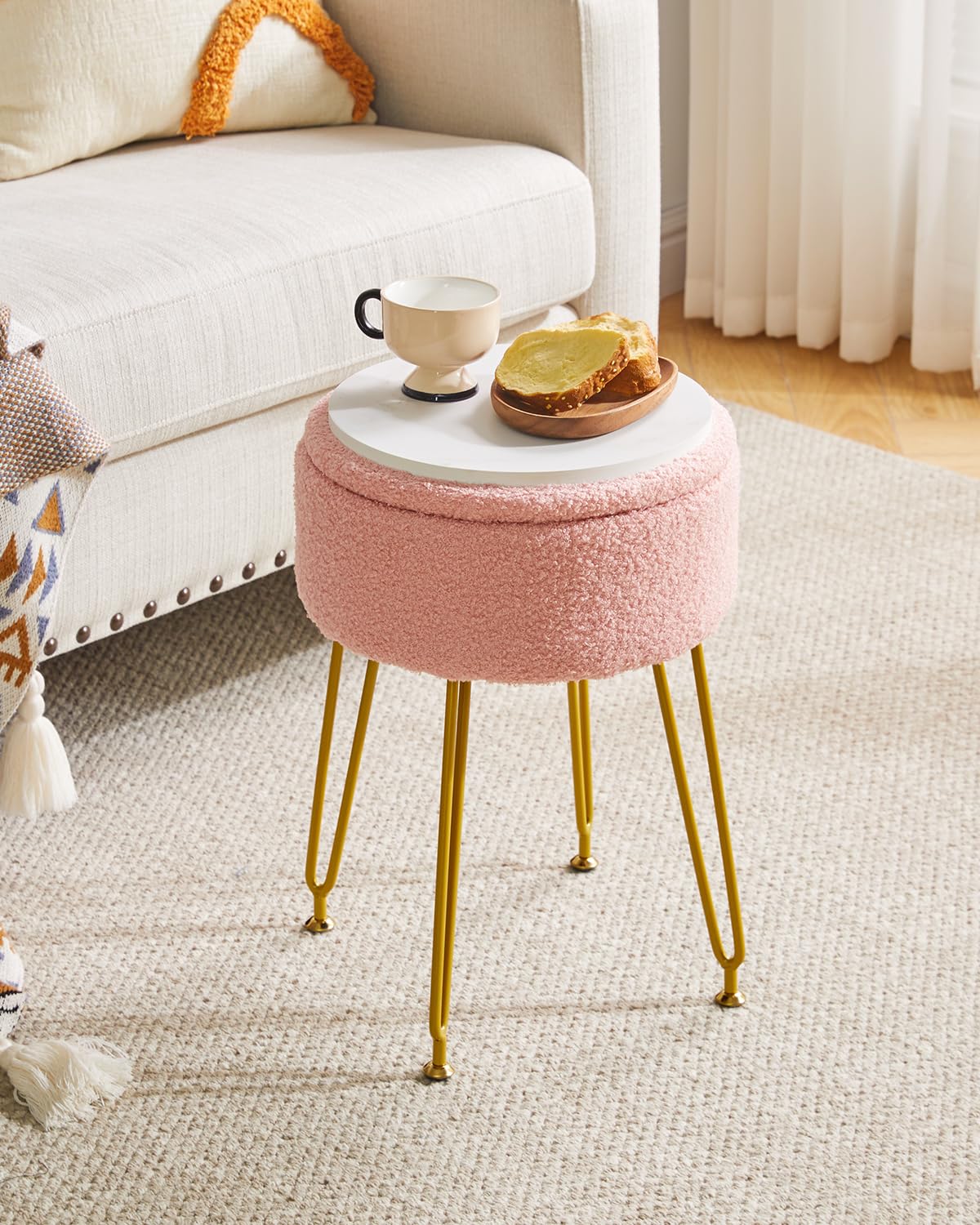IBUYKE Makeup Vanity Stool, Teddy Velvet Storage Ottoman, Pink WBD010P