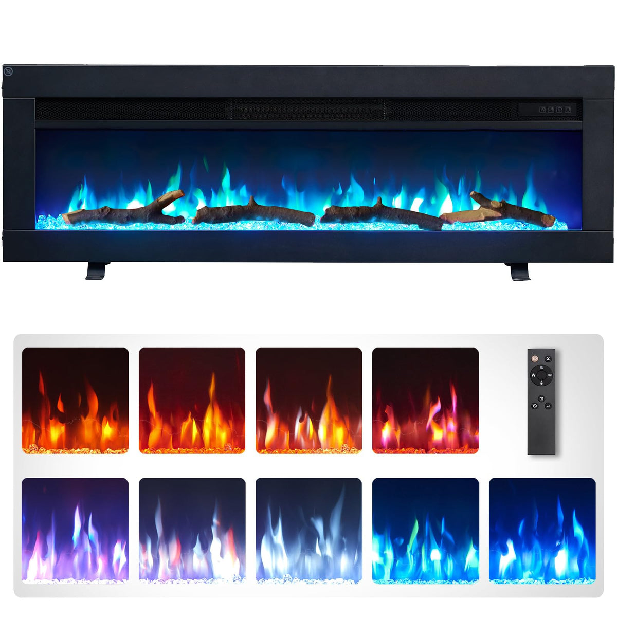 FlameKo Dilton 40"/102cm 3 in 1 Electric Fireplace with logs, Freestanding, Wall Mounted, Recessed, 9 Colour Flame Effect, Media Wall Compatible, 900W