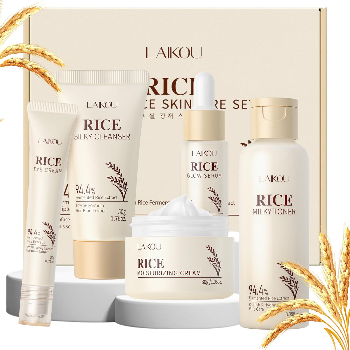 LAIKOU Skincare Set, Korean Rice Skin Care Sets & Kits, Cleanser, Toner, Serum, Eye Cream & Moisturizer, Christmas Birthday Gifts for Women Teenage