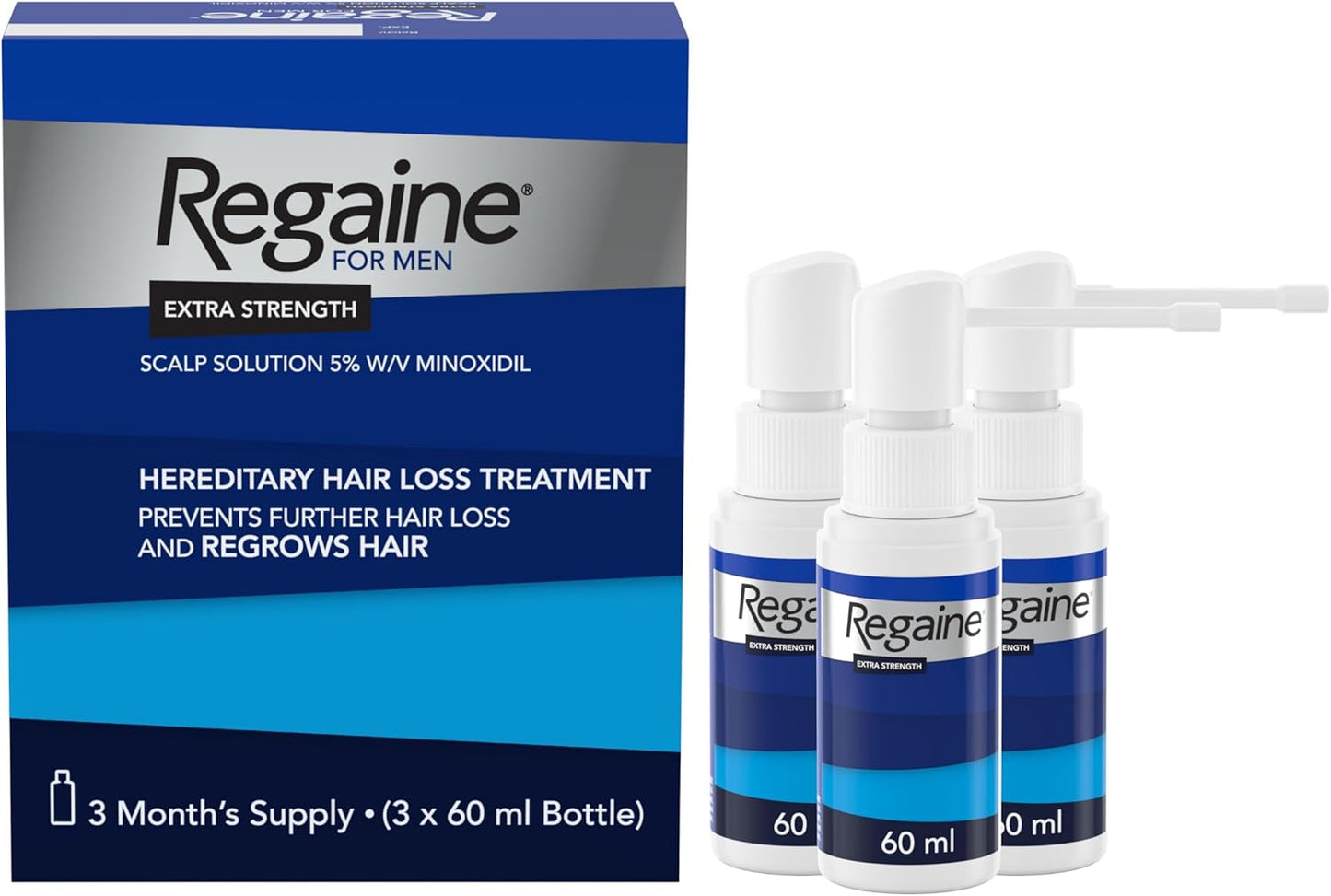 Regaine for Men Extra Strength Scalp Solution 3x60ml, expiry date 11/28, New but scruffy, open box