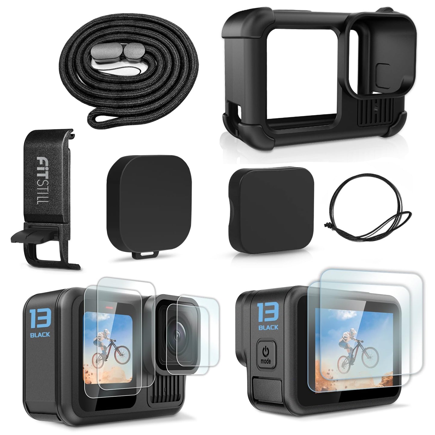 FitStill Black Silicone Sleeve Rubber Protective Case Only for Go Pro Hero 13 Black,Battery Side Cover&Screen Protectors& Lens Caps&Lanyard for Go Pro