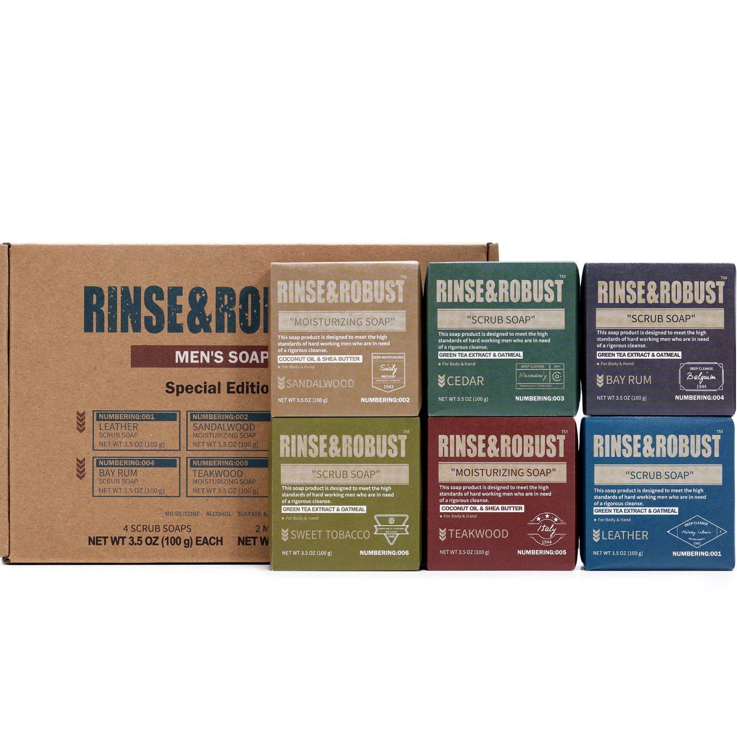 Soap Bars Mens Set 6Pcs Natural Handmade Cleansing Set Moisturizing & Exfoliating Scrub Soap Gift for Men All Skin Type| 6 Different Scents |3.5 oz of