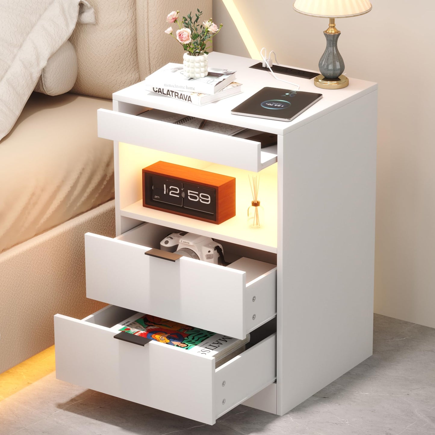 Yusong LED Nightstand Bedside Table with Charging Station 2 Drawers, White Modern Sofa Couch End Side Table with Lights and Pull-Out Shelf for Bedroom