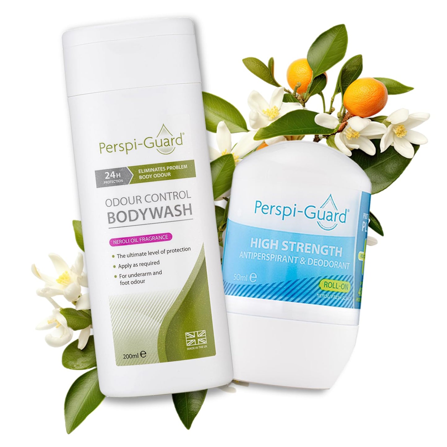 Perspi-Guard Antibacterial Body Wash & 48 Hr Strong Antiperspirant Duo w/Neroli - Unisex Odour Control Antibacterial Shower Gel w/Triclosan & Anti