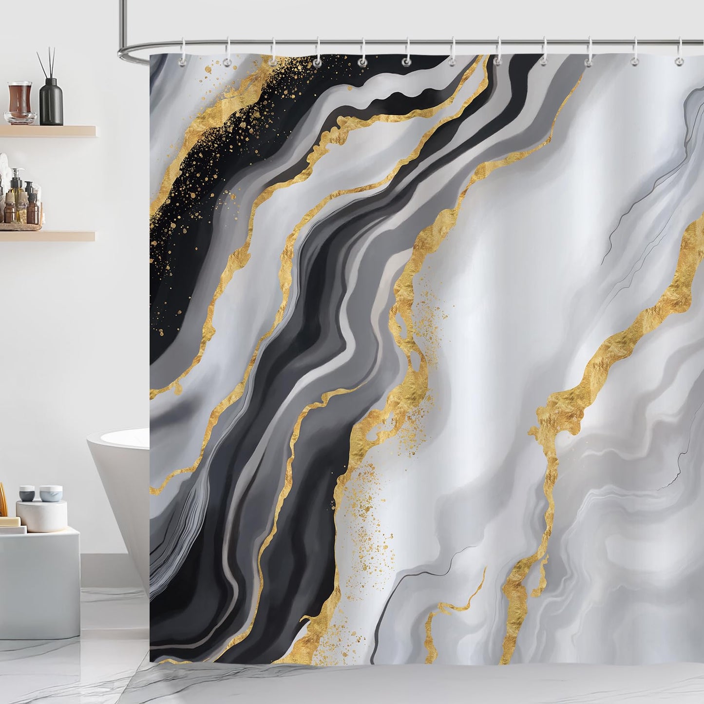COZZSNUGE Black Marble Shower Curtain, Black Grey Gold Abstract Modern Bathroom Curtain 183 x 183 cm, Water Repellent Mildew Resistant Polyester with