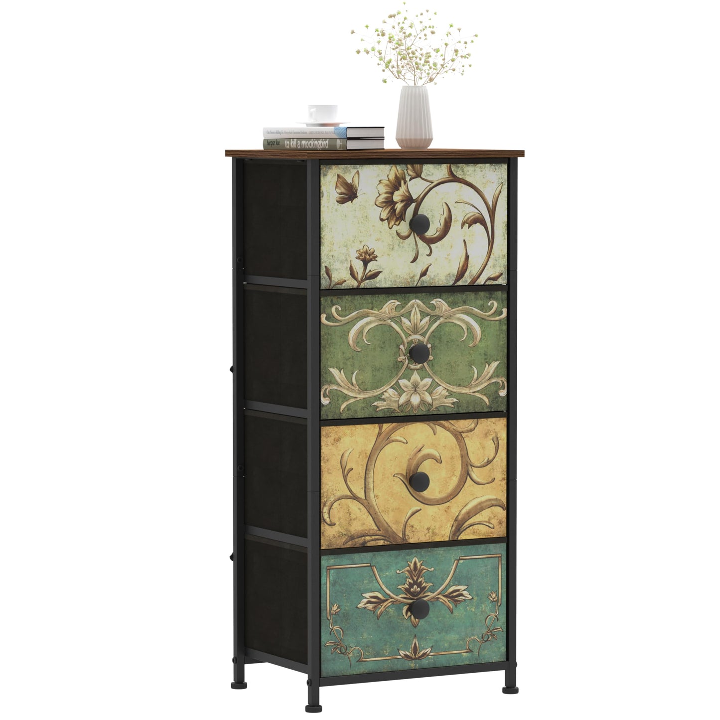VEDECASA Chest of Drawers Bedroom Fabric Dresser with 4 Drawers Vintage Narrow Tall Tower Unit Organiser for Closet Living Room Bedroom Halfway Sturdy