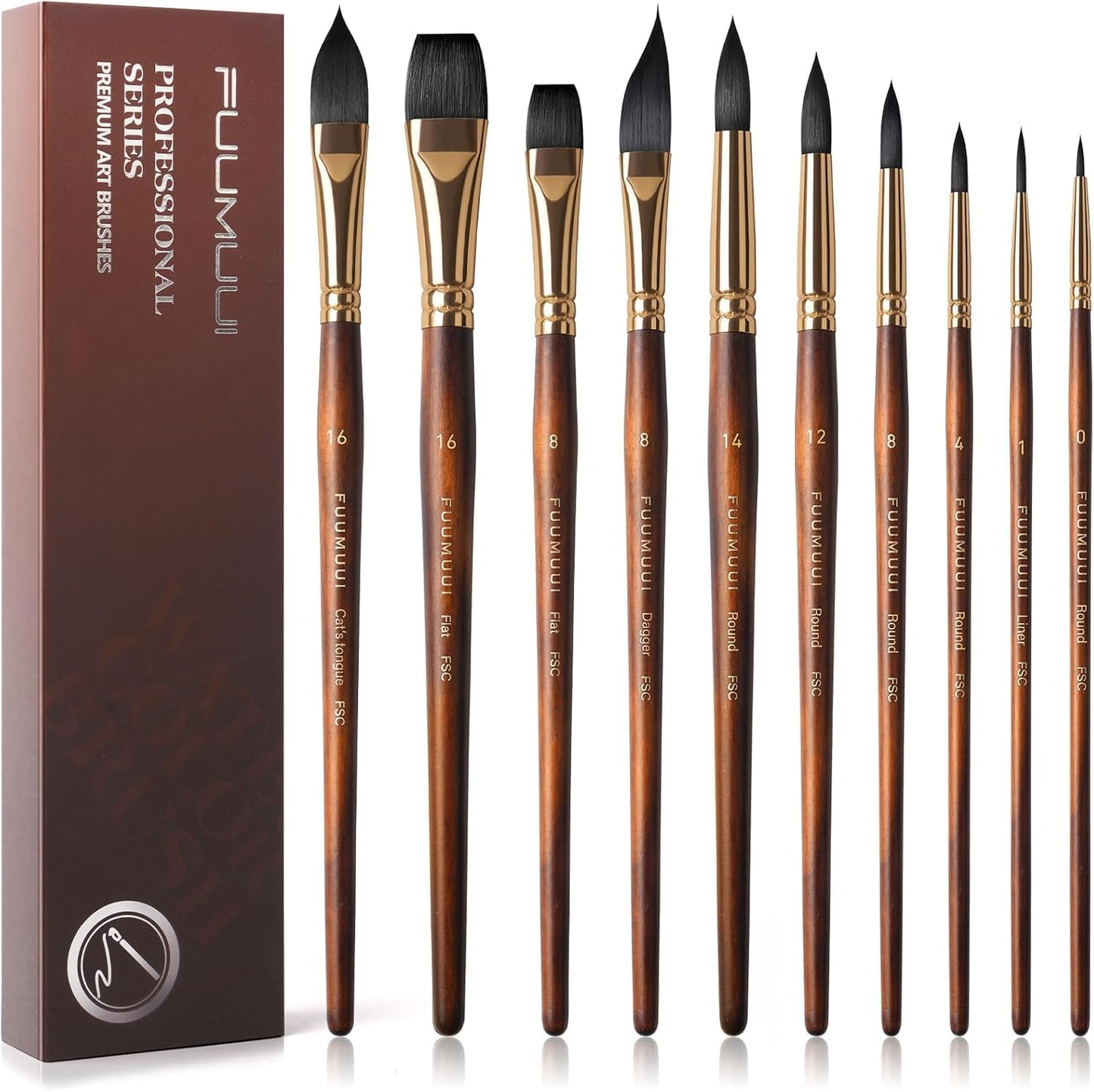 Fuumuui 10Pcs Professional Watercolour Brushes, Synthetic Squirrel Hair Brush Set Variety Shapes with Round Pointed, Flat, Cat's Tongue, Dagger for