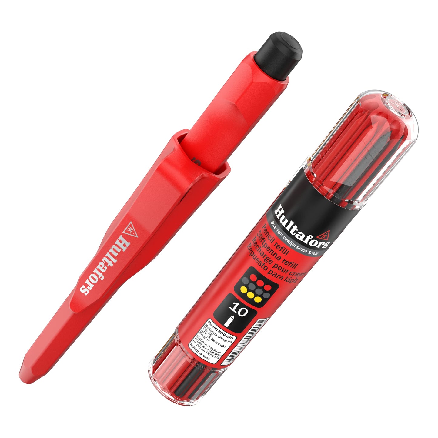 Hultafors Professional deep hole marker set incl. 10 refills (red, yellow & graphite) & sharpener I I Dry marker & dispenser with non-slip clip I