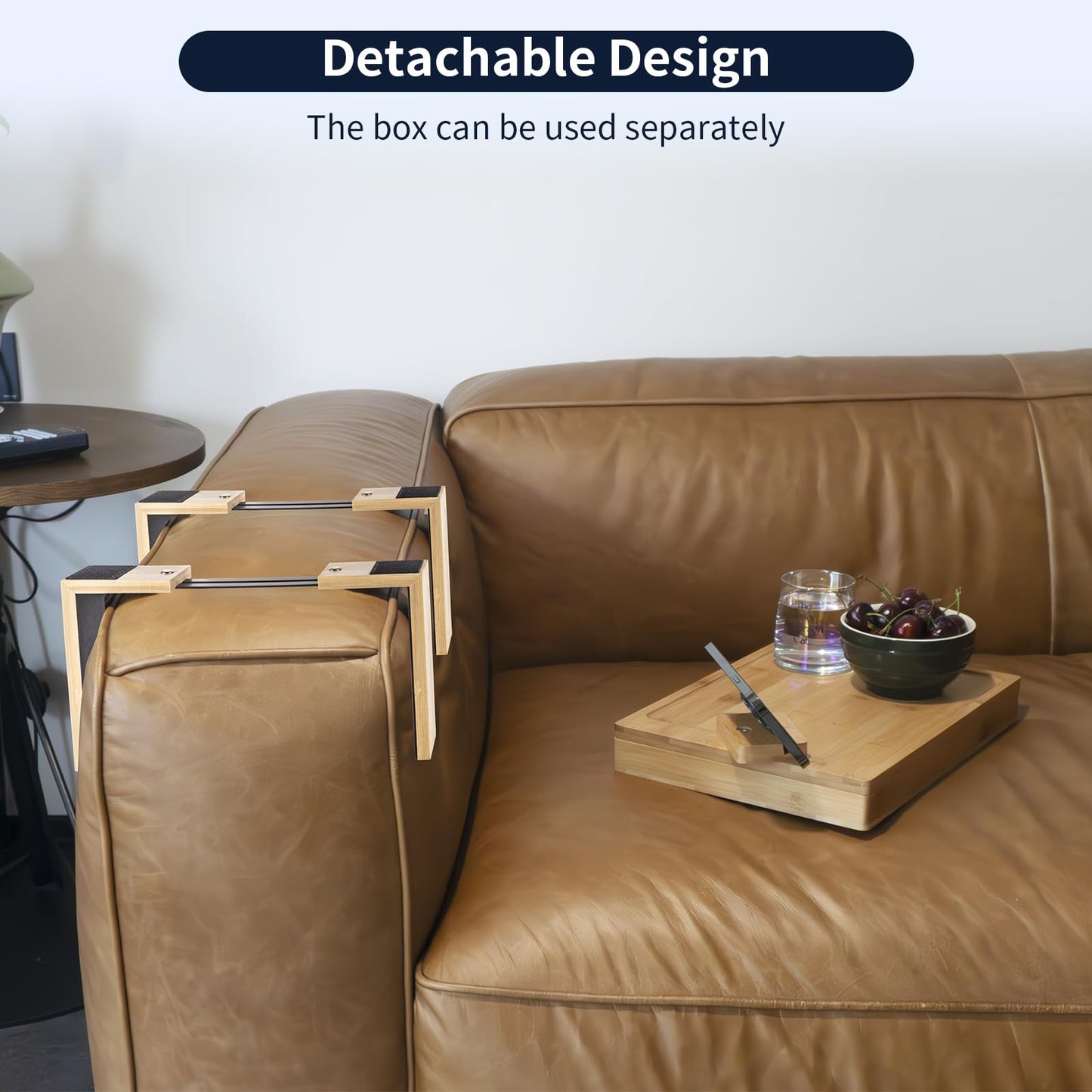 PURASKER Sofa Arm Tray, Bamboo Couch Arm Table, Two-Tier Clip On Tray Sofa Table with 360° Rotating Tabletop and Phone Stand, For Eating and Drinking