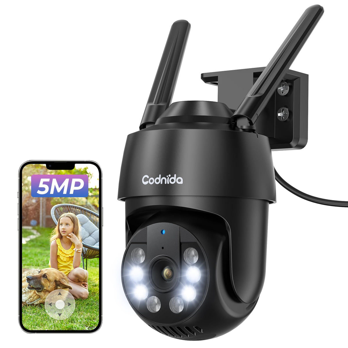Codnida 5MP Security WiFi Outdoor Camera with 2.4/5Ghz, 360? Pan/Tilt CCTV House Security Camera with Auto Tracking, PIR Human Detection, Color Night