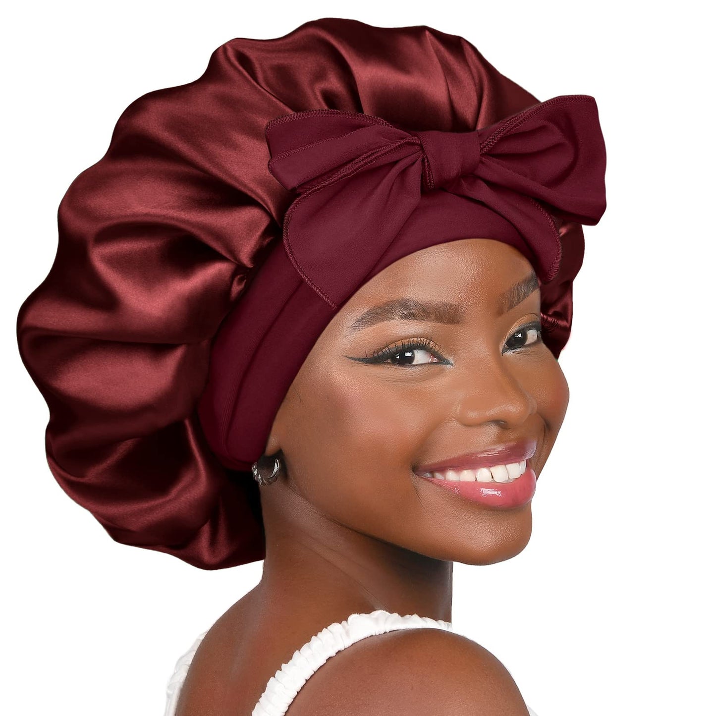 YANIBEST Silk Bonnet for Sleeping Women Satin Bonnet Double Layer Satin Lined Hair Bonnet with Tie Band Curly Hair Burgundy