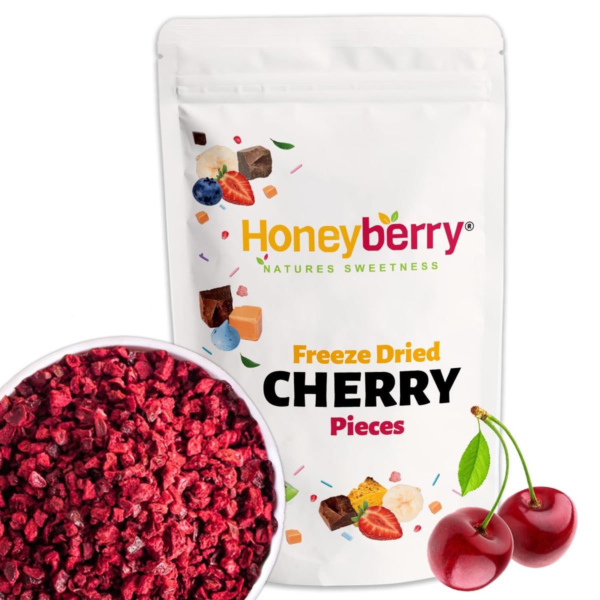 Freeze Dried Cherry Pieces 250g - Dehydrated from Frozen Dry Sour Cherries - 100% Natural, No Added Sugar, Gluten Free, Vegan Friendly - Edible Fruit
