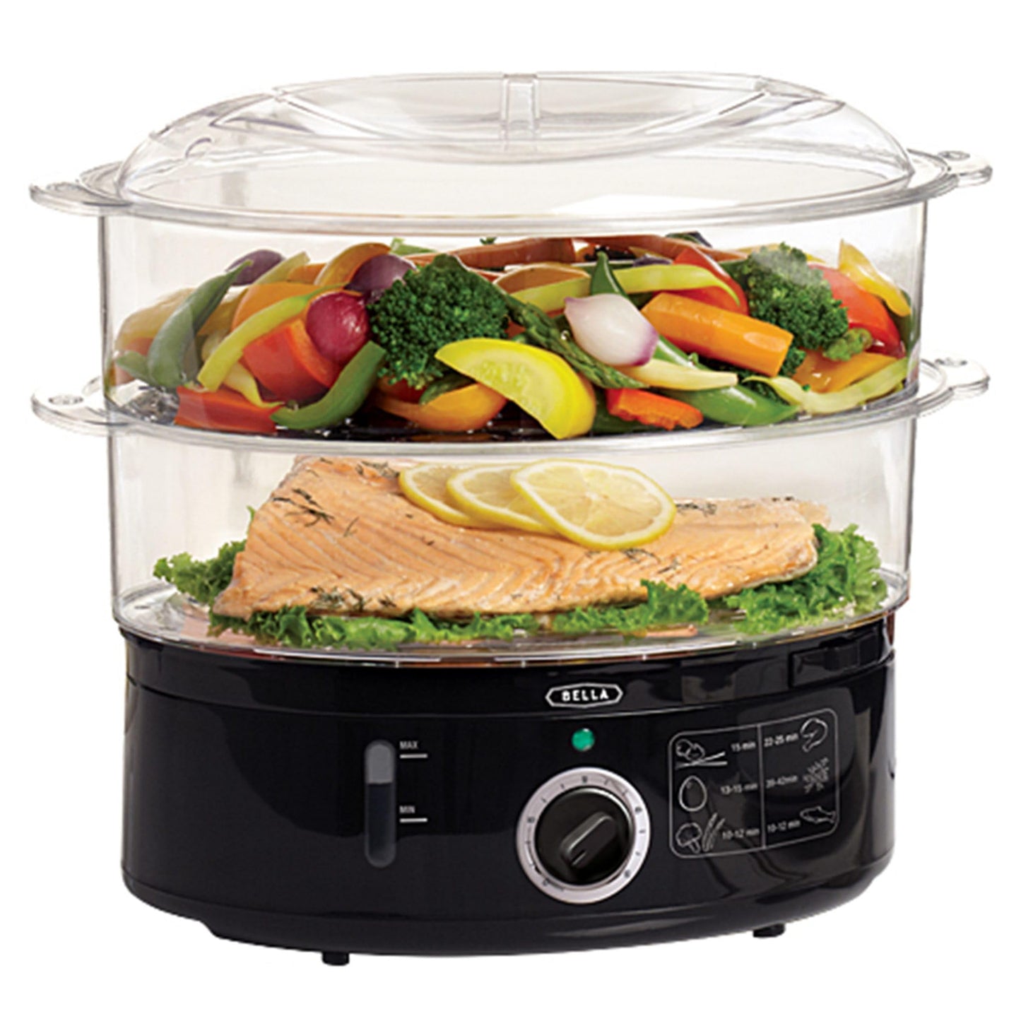BELLA Two Tier Food Steamer, Healthy, Fast Simultaneous Cooking, Stackable Baskets for Vegetables or Meats, Rice/Grains Tray, Auto Shutoff & Boil Dry