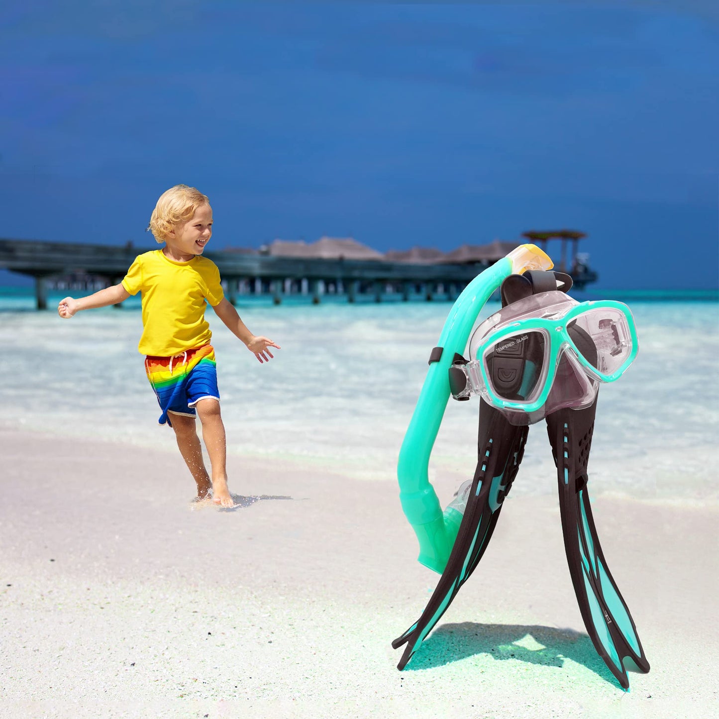 Kids Mask Snorkeling Set with Fins Anti Leak Snorkeling Gear for Kids with Adjustable Flippers, Youth Junior Full Dry Snorkel Set Swimming Goggles